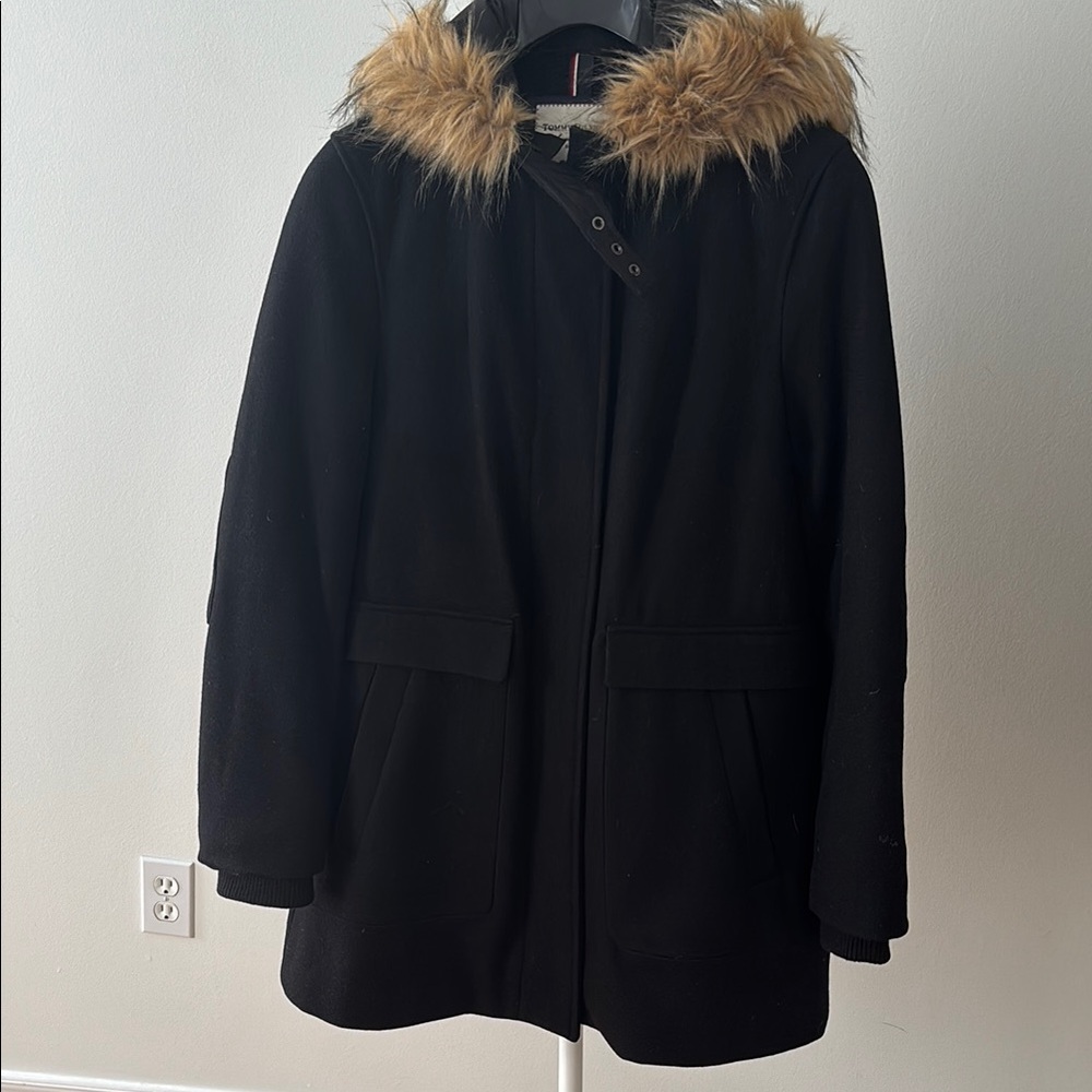 Tommy Hilfiger Black Wool-Blend Trench Coat with Faux-Fur Hood Trim